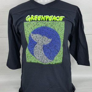 Vintage 80s Greenpeace Globe World w/ Whale Tail LG Black 3/4 Sleeve T-shirt